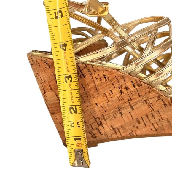 Rampage Gold Metallic Strappy Sandal Womens Sz 8 Cork Wedges Glam Holiday‎ Club - Picture 9 of 14